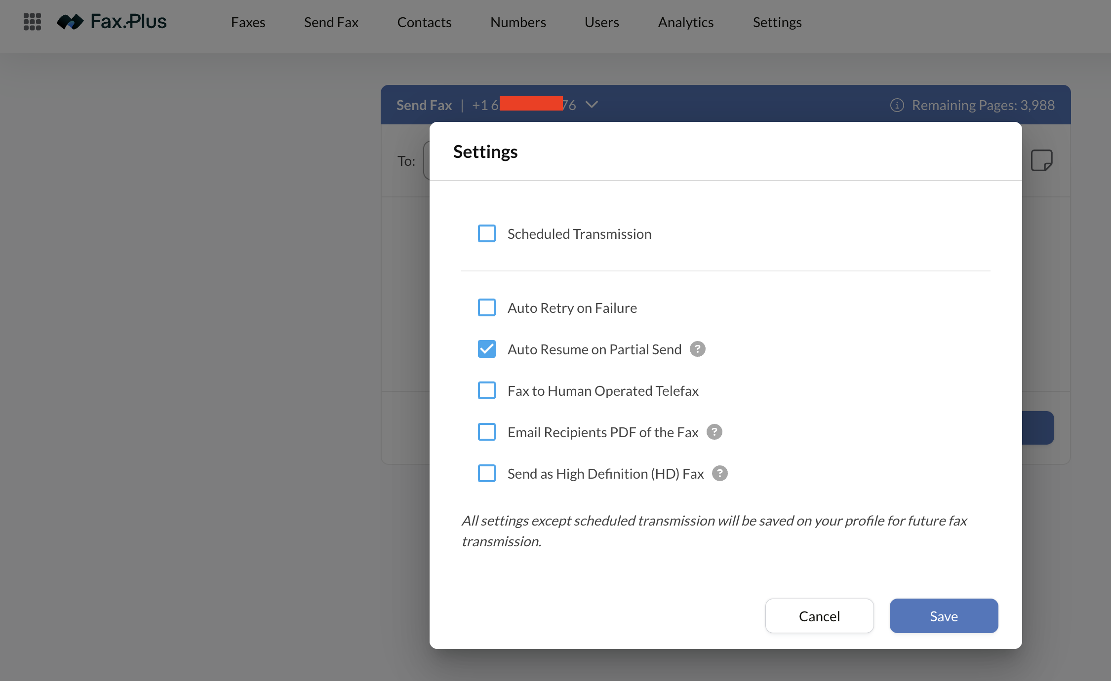 Fax.Plus send settings dialog showing scheduled transmission, auto retry, and auto resume options