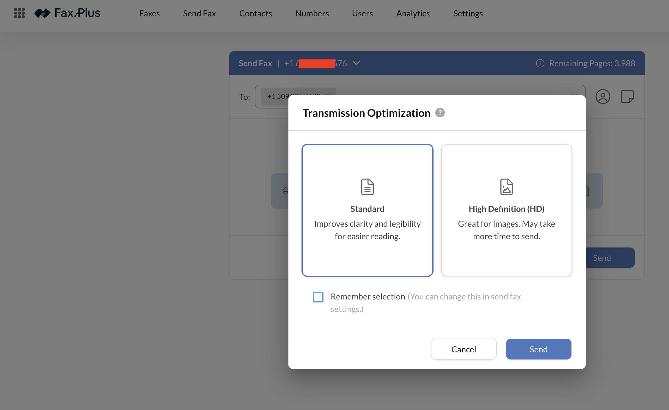 Fax.Plus transmission optimization dialog offering Standard or High Definition