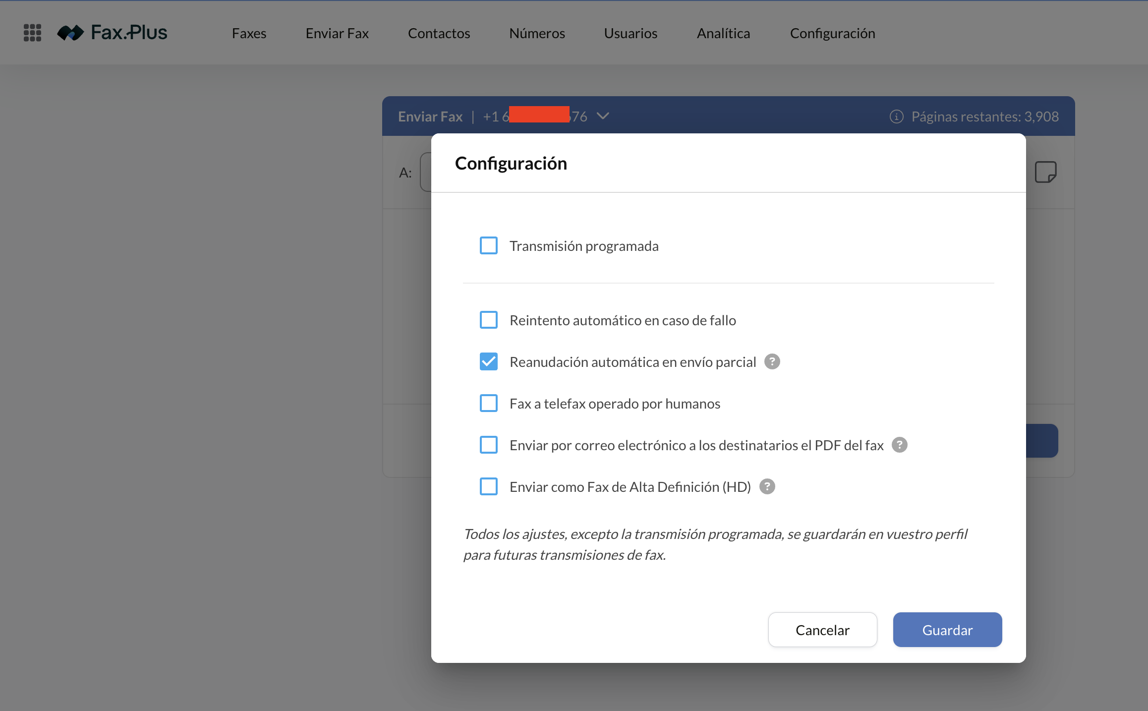 Diálogo de opciones de envío de Fax.Plus con transmisión programada, reintento automático y reanudación