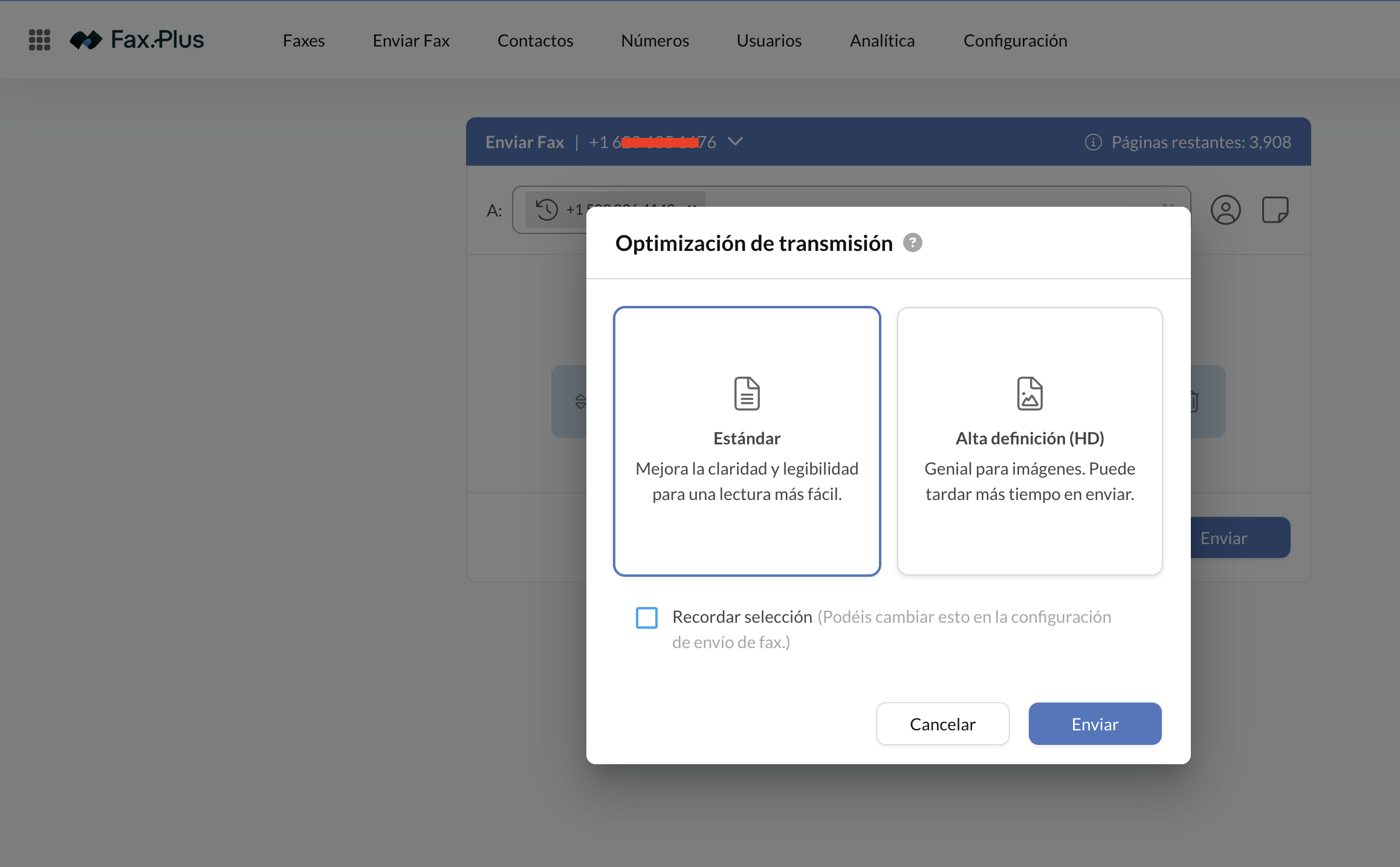 Diálogo de optimización de transmisión de Fax.Plus con Estándar y Alta Definición