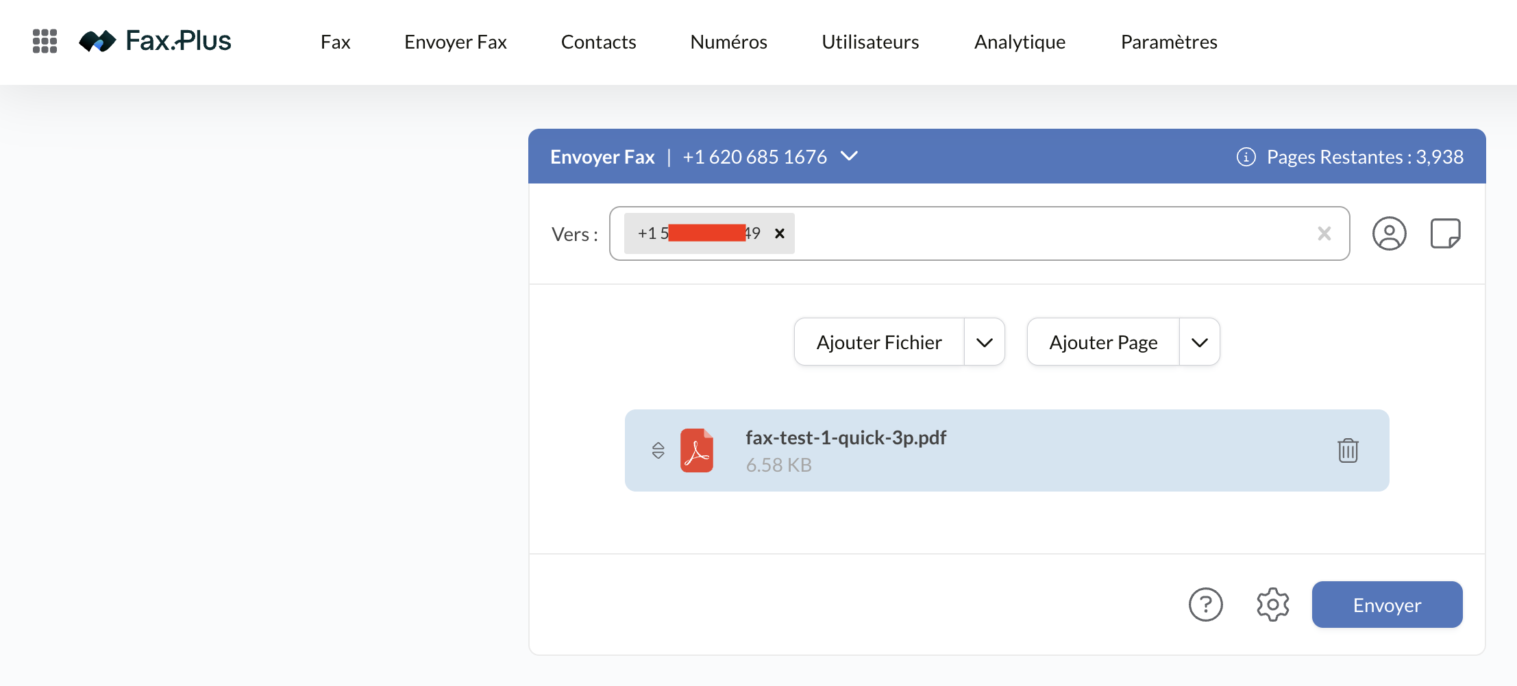 Écran d'envoi de fax Fax.Plus avec un numéro de destinataire saisi et un PDF joint