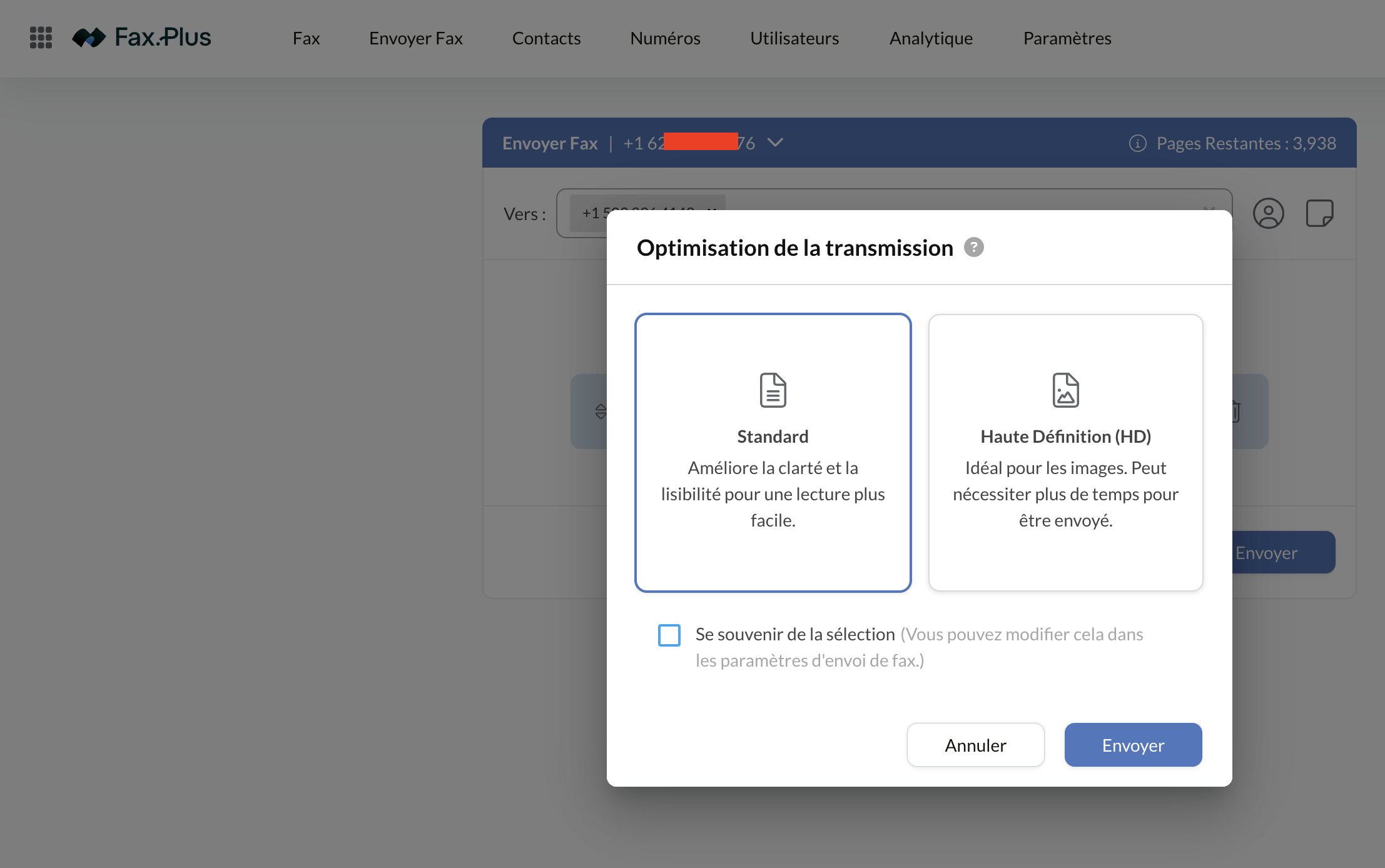 Boîte de dialogue d'optimisation de la transmission Fax.Plus proposant Standard ou Haute Définition