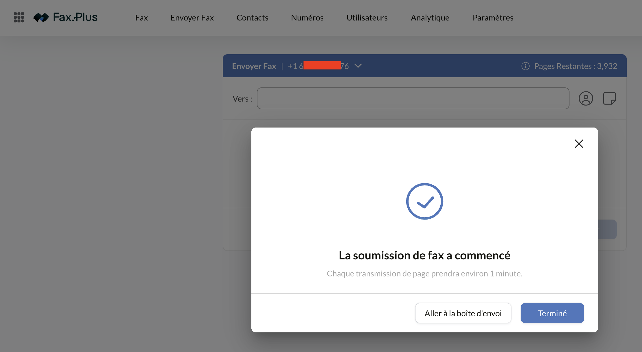 Confirmation Fax.Plus indiquant que la transmission a démarré avec une estimation de durée par page