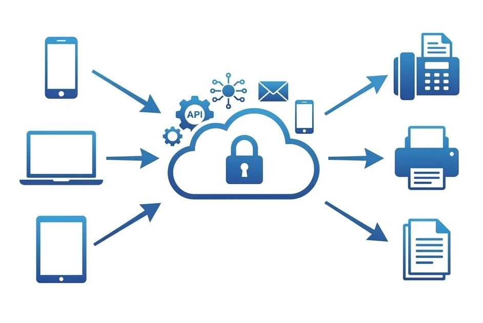 Cloud fax architecture diagram: devices connect through secure cloud to fax machines and documents